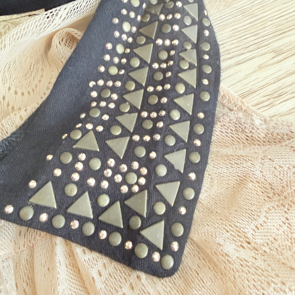 Festival Studded Lace Sheer Top. Sleeveless Beige Black Small Y2K Fairy Grunge - Picture 6 of 11